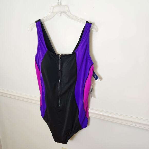New Swimsuits For All One Piece Bathing Suit Sz 24 Womens Zip Front Pink Black - Picture 3 of 9